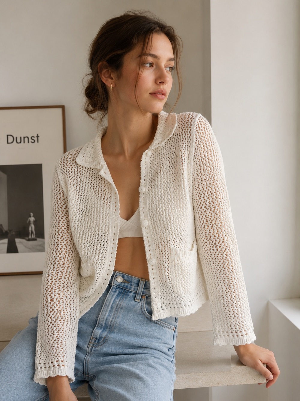 NWT Dunst Crochet Collared Cardigan Ivory Linen Cotton Open Knit Sz Small
